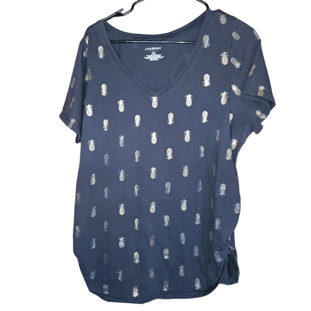 Lane Bryant Black Gold Foil Pineapple VNeck Ruched Side Tee Shirt Plus SZ 18/20